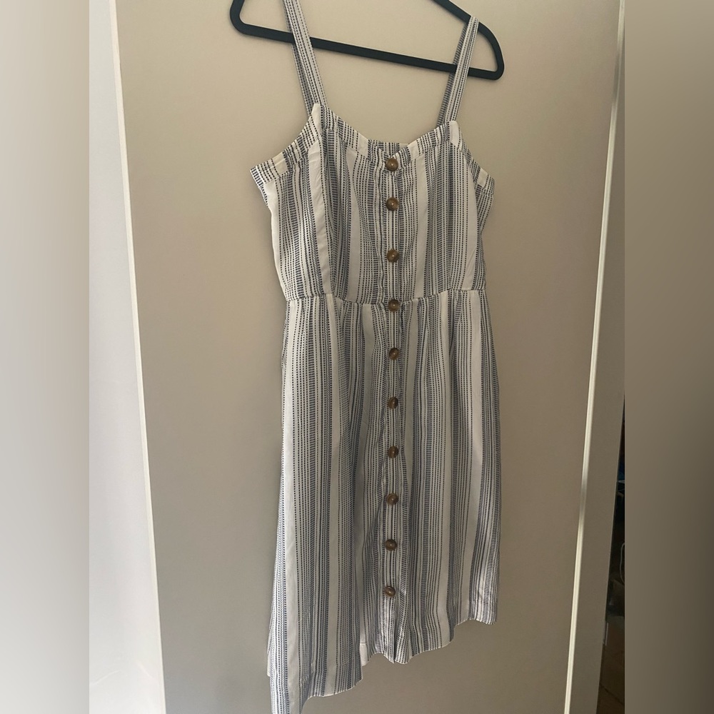 Summer sleeveless midi dress; casual blue and white striped cotton dress